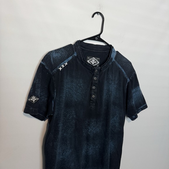 Affliction Henley Shirt Mens Large Black Blue Distressed Y2K Biker Goth Grunge - Picture 2 of 10